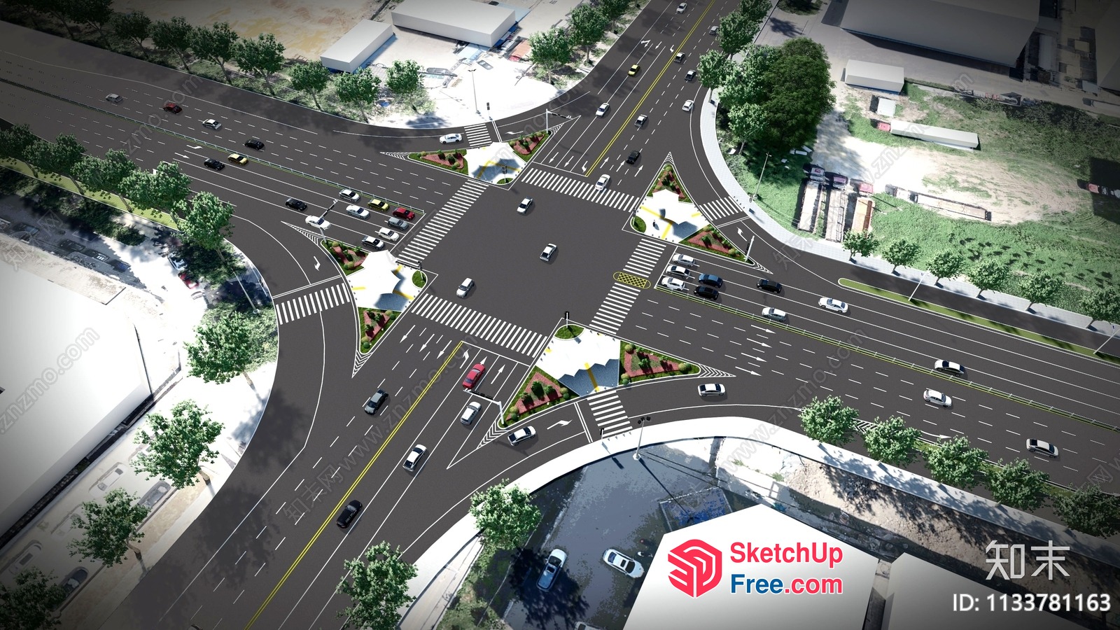 Urban Intersection Roadway With Multiple Crosswalks And Traffic Lanes 3D SketchUp File