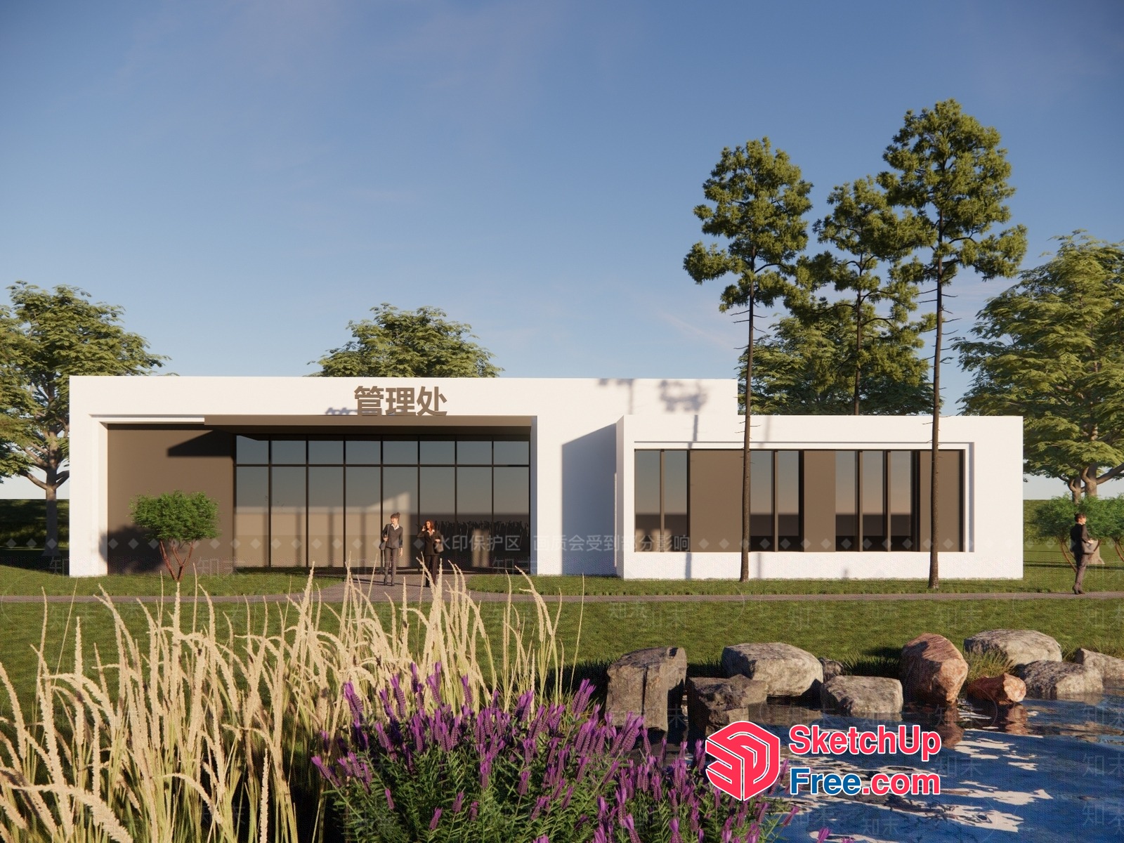 Modern Office Building With Glass Curtain Wall And Natural Surroundings 3D SketchUp File