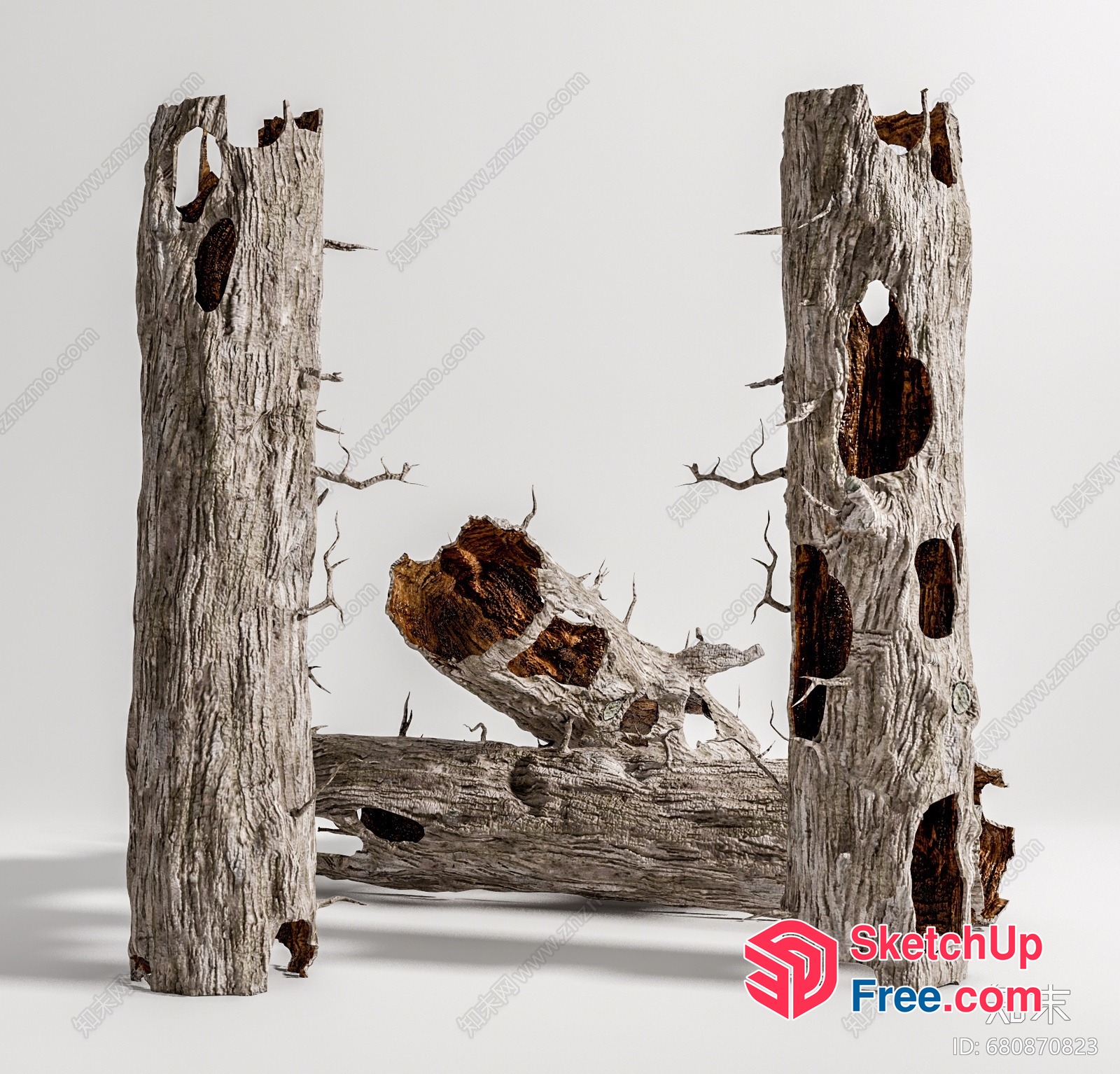 Weathered Wood Pillars And Log 3D SketchUp File