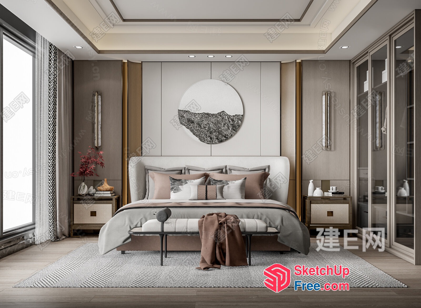 Modern Elegant Bedroom With Large Bed And Decorative Pillows 3D SketchUp File