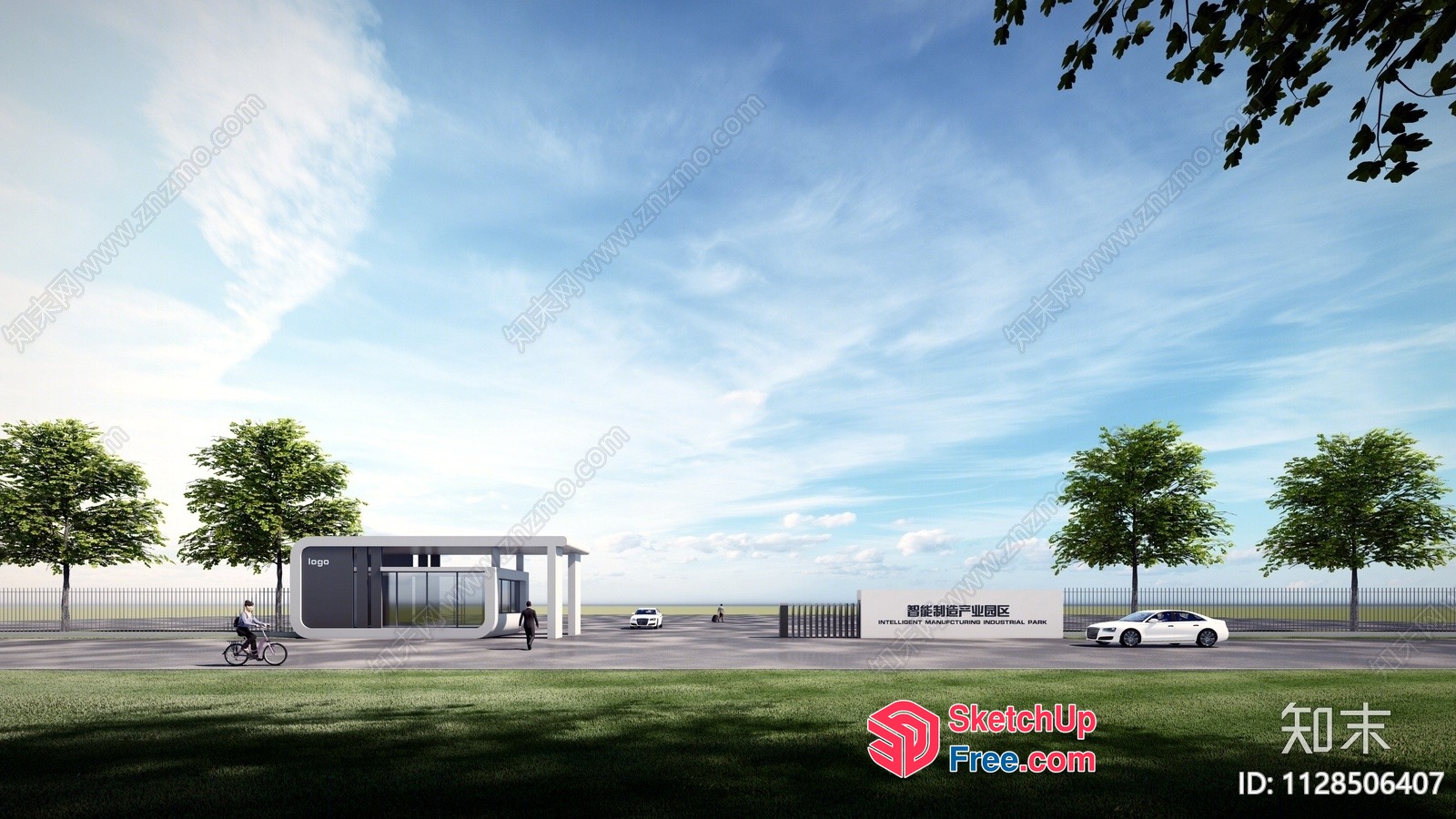 Industrial Park Entrance With Modern Building And Parking Lot 3D SketchUp File