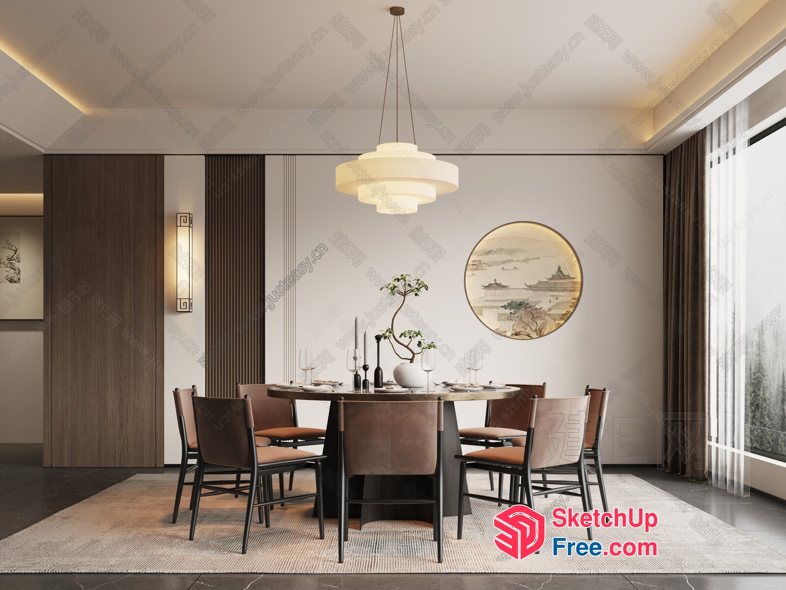 Elegant Dining Room With Round Table And Brown Chairs 3D SketchUp File