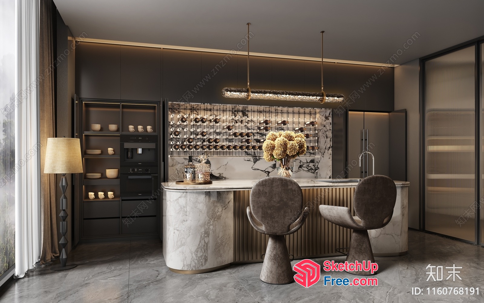 Modern Marble Kitchen Island With Wine Rack 3D SketchUp File