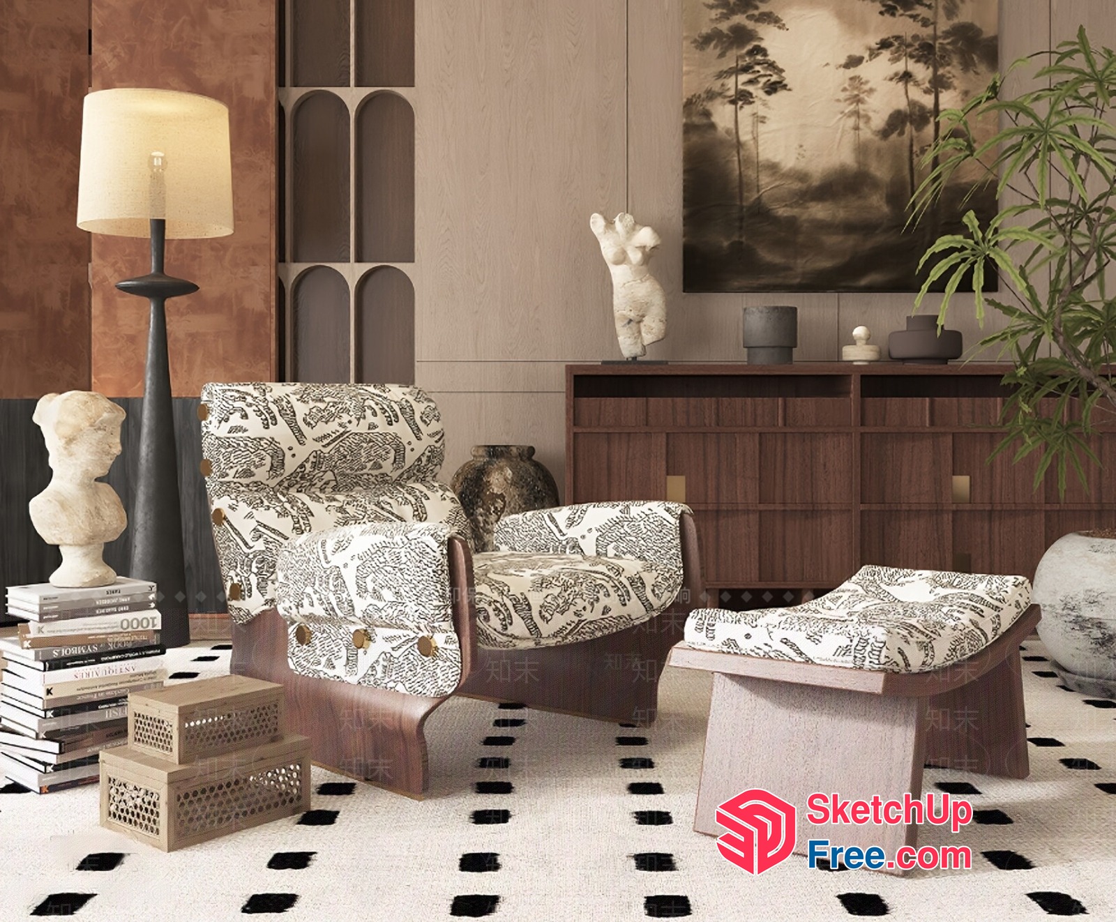 Modern Japanese-Inspired Living Room With Elegant Furniture And Artistic Decor 3D SketchUp File