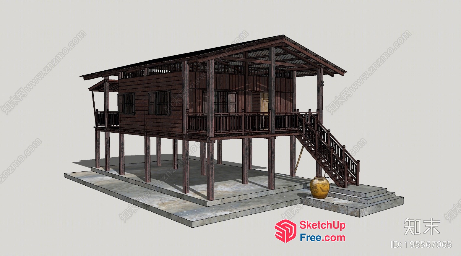 Traditional Wooden House With Stairs And Balcony 3D SketchUp File