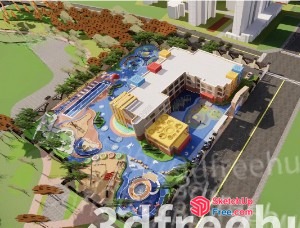 Aerial View Of A Large Building With A Pool And Parking Lot 3D SketchUp File