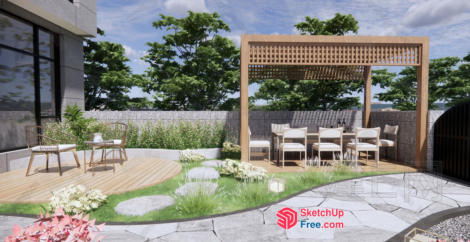 Modern Outdoor Seating Area With Natural Elements 3D SketchUp File
