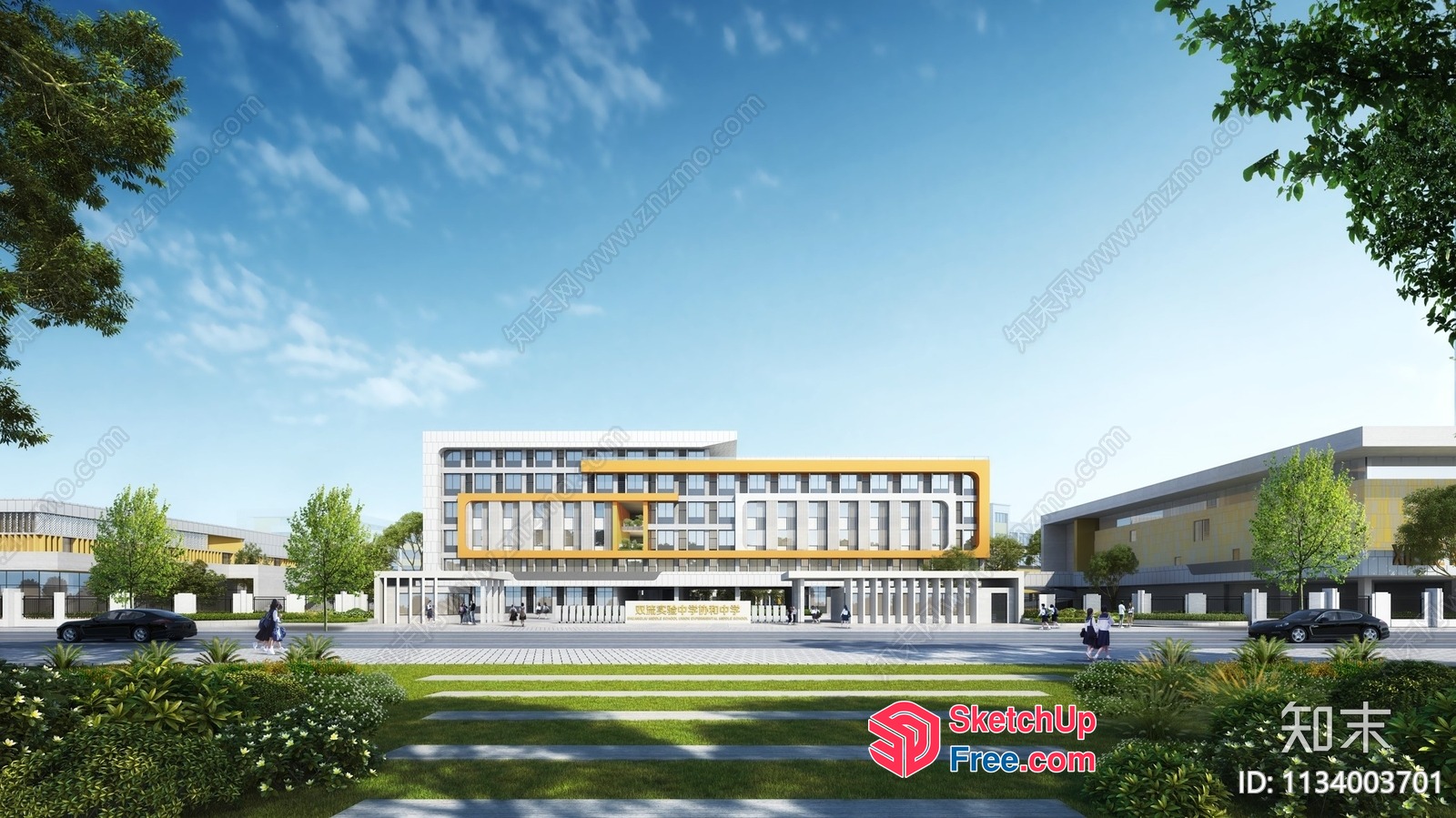 Modern Office Building Exterior With Glass Curtain Wall And Pillars 3D SketchUp File
