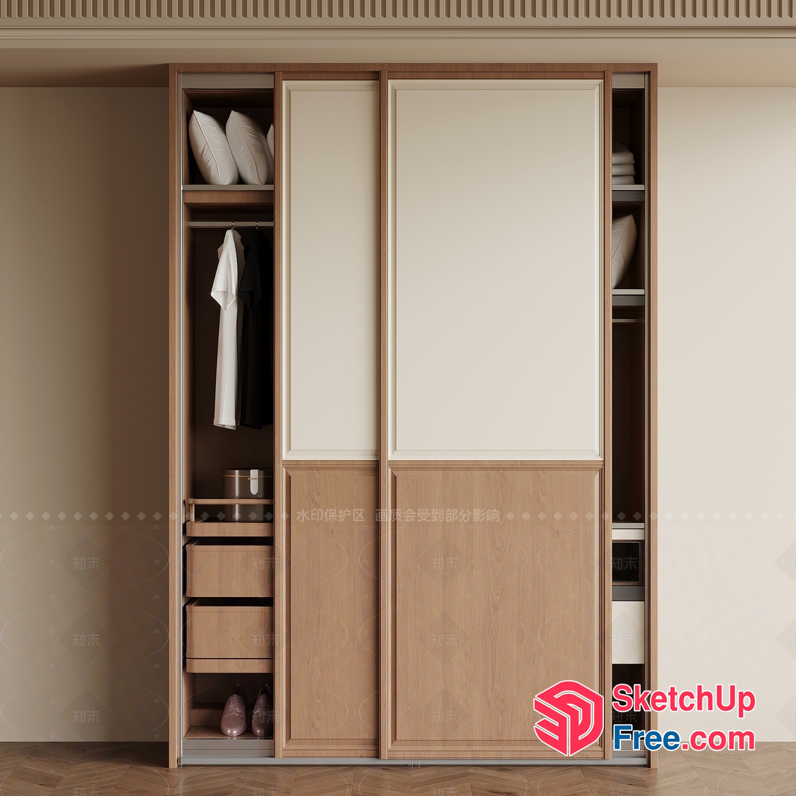 Wooden Sliding Door Wardrobe With Storage And Shelving 3D SketchUp File