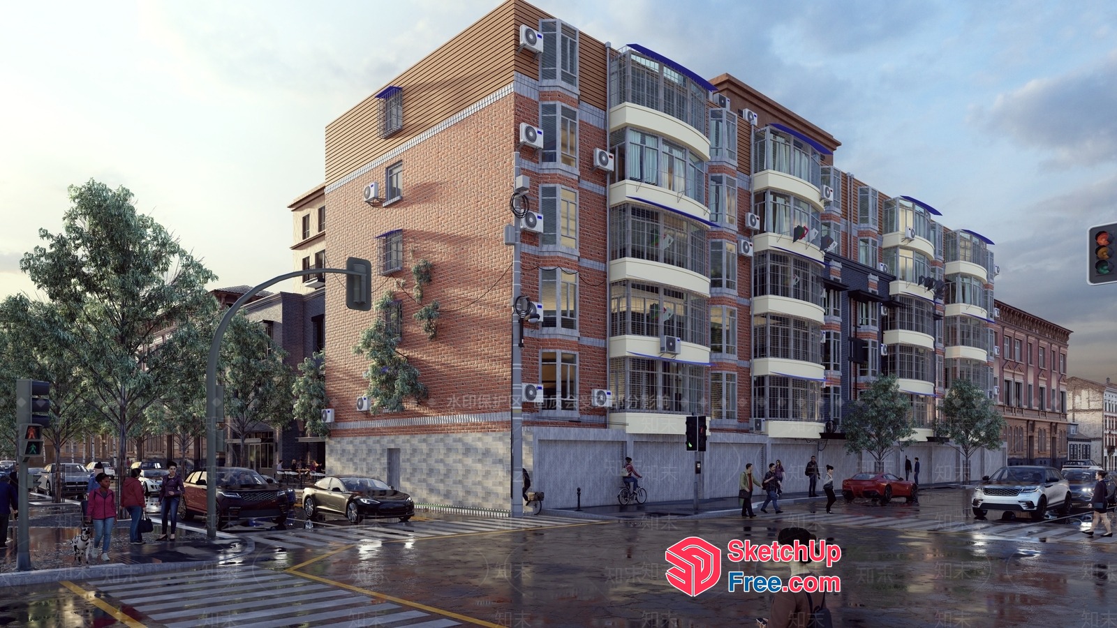 Street Corner Building With Balconies And Cars 3D SketchUp File