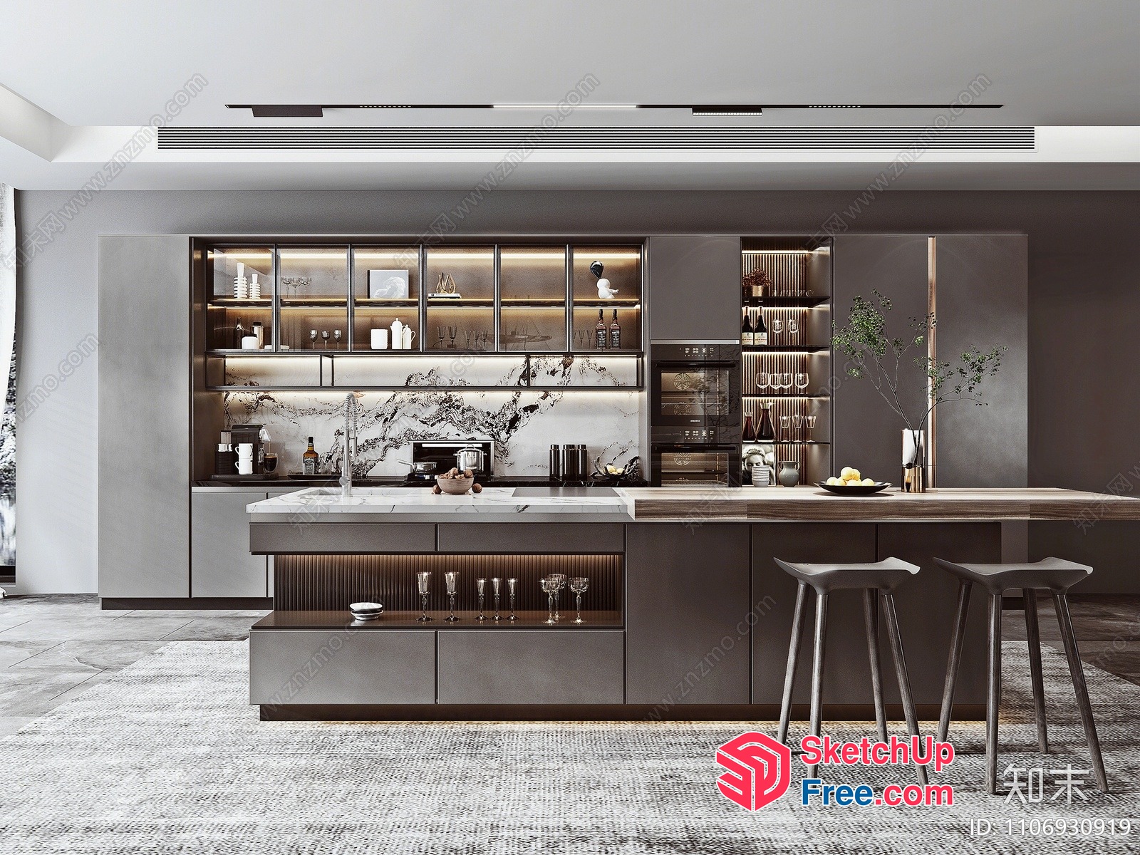 Modern Kitchen With Marble Backsplash And Wooden Island 3D SketchUp File