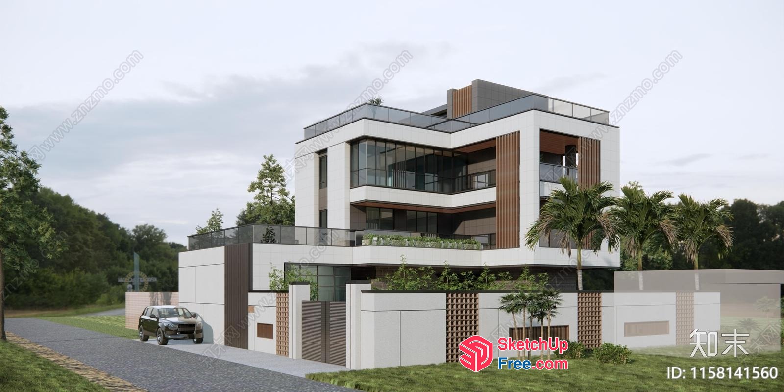 Modern Villa With Balconies And Glass Curtain Wall 3D SketchUp File