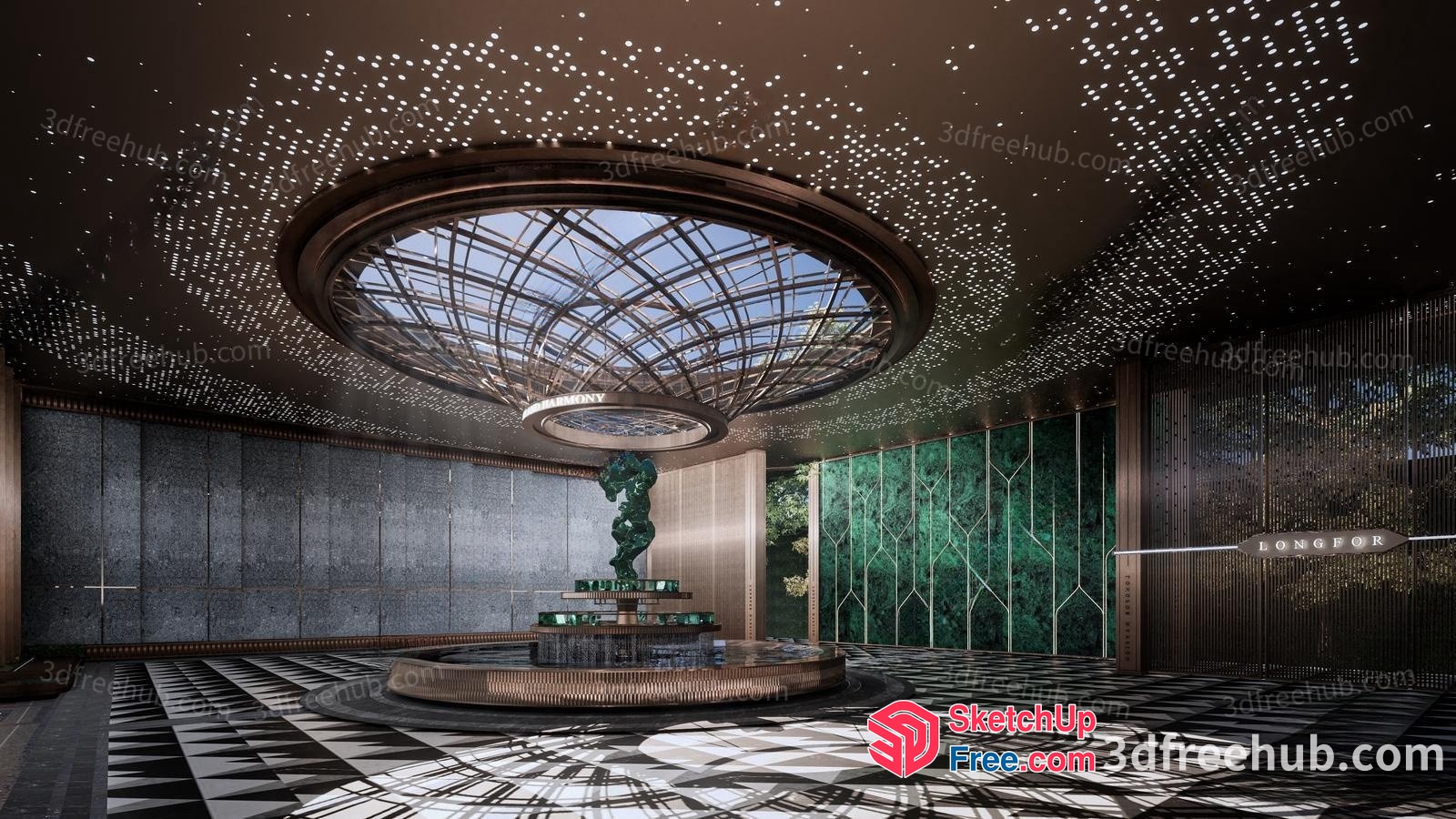 Elegant Interior With Circular Ceiling And Staircase 3D SketchUp File