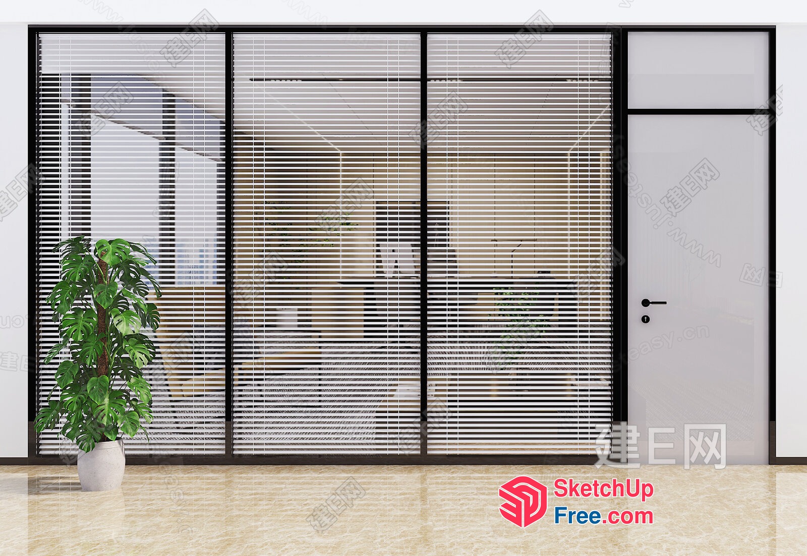 Modern Glass Curtain Wall With Sleek Door And Window 3D SketchUp File
