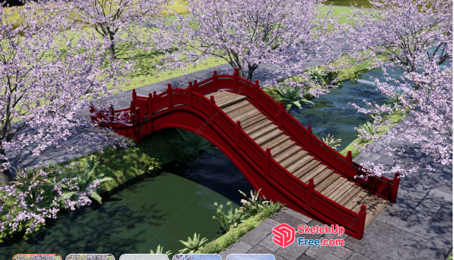 Traditional Japanese Bridge With Cherry Blossom Trees 3D SketchUp File
