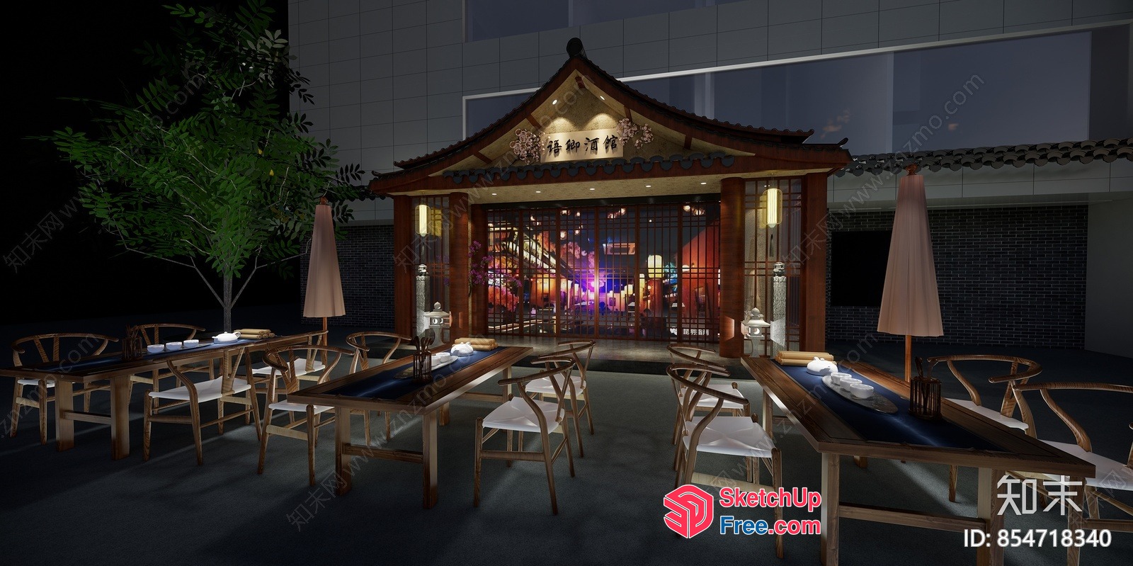 Asian-Style Outdoor Dining Area With Traditional Roof And Decor 3D SketchUp File