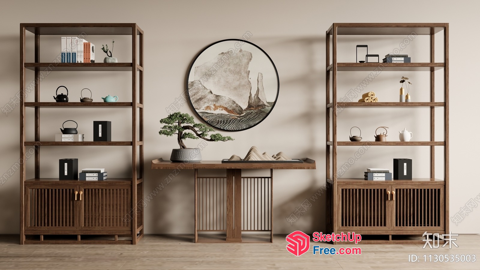 Elegant Japanese-Style Shelf And Table Arrangement 3D SketchUp File