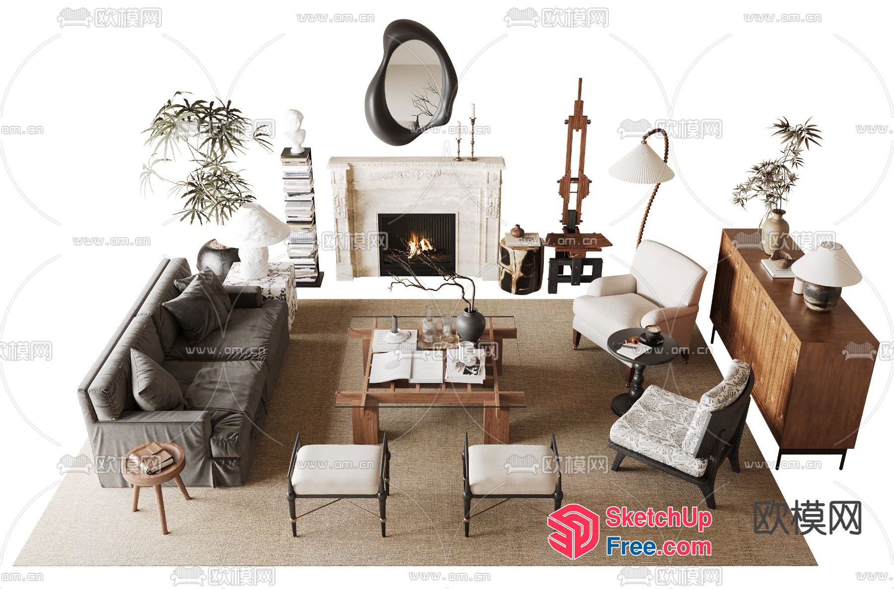 Elegant Living Room With Fireplace And Neutral Tones 3D SketchUp File