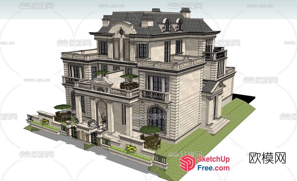 European Style Villa With Ornate Balconies 3D SketchUp File