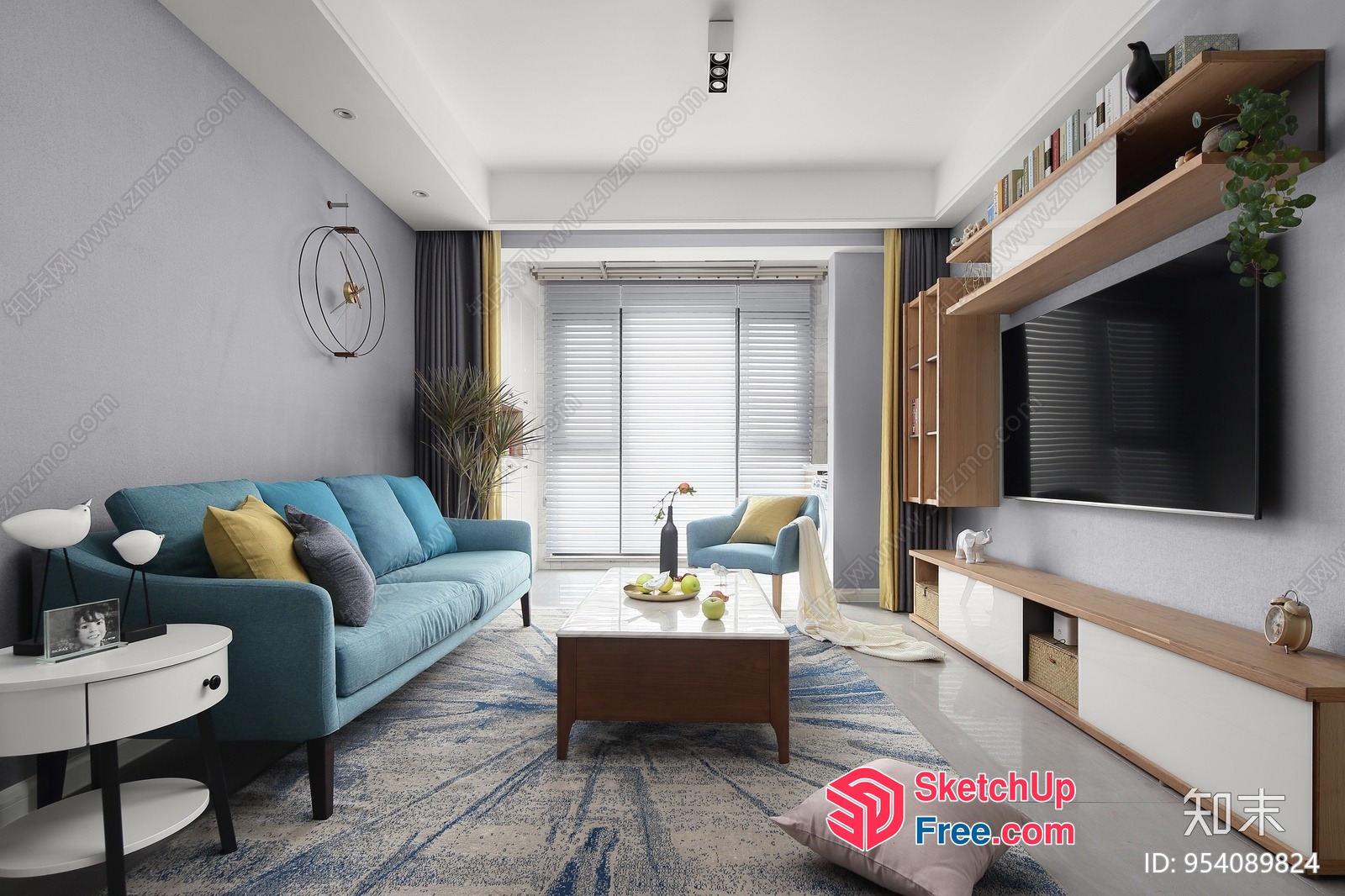 Modern Minimalist Living Room With Blue Couch And Tv 3D SketchUp File