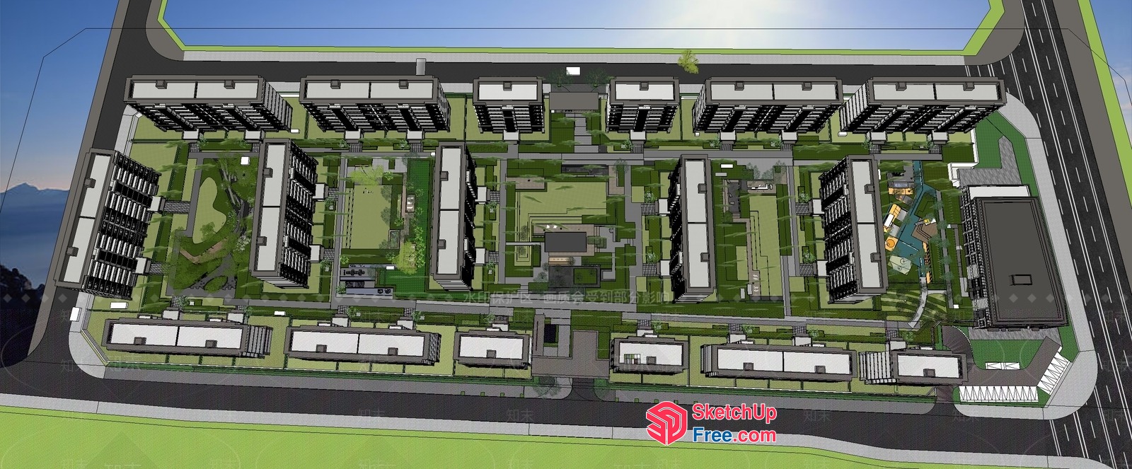 Modern Residential Complex With Green Spaces And Roads 3D SketchUp File