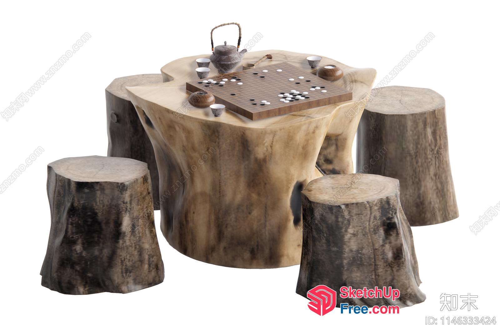 Rustic Wood Game Table With Stools 3D SketchUp File