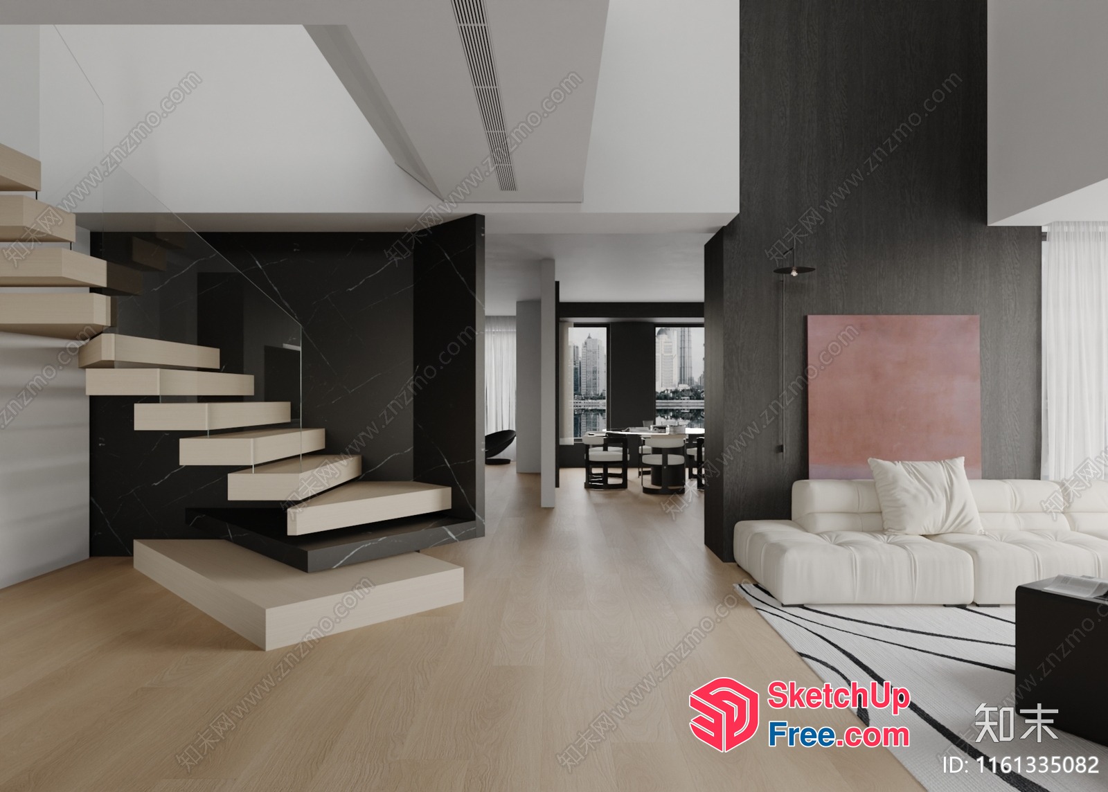 Modern Minimalist Staircase And White Couch Interior 3D SketchUp File