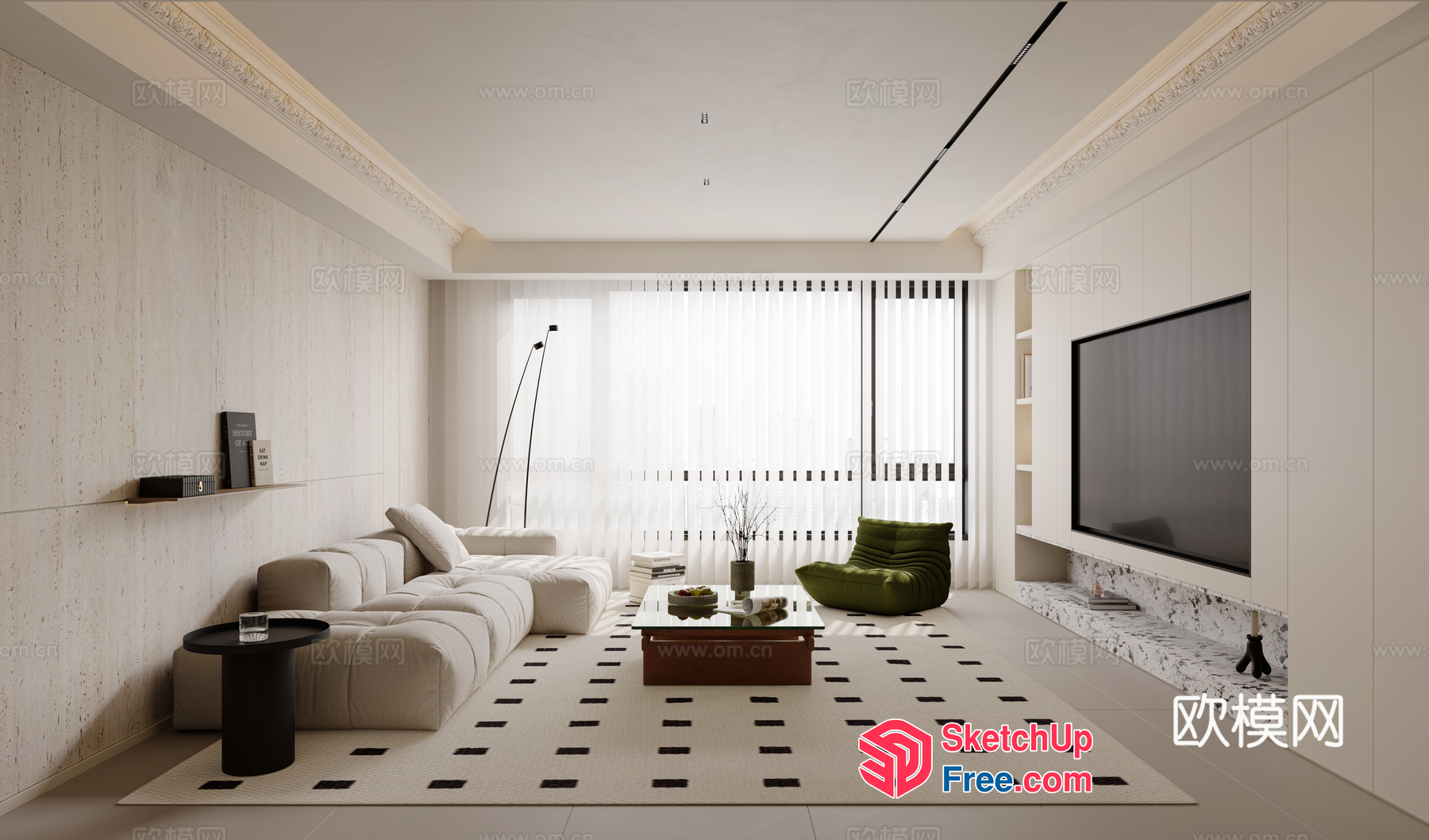 Minimalist Living Room With White And Black Accents 3D SketchUp File