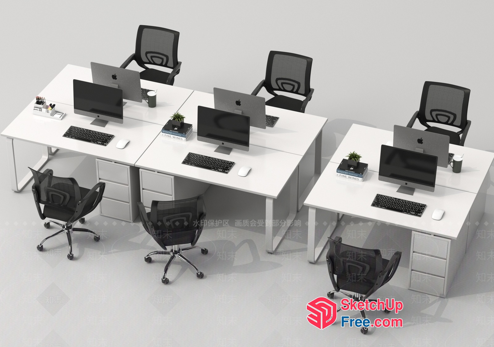 Modern White Office Workspace With Apple Computers And Black Chairs 3D SketchUp File
