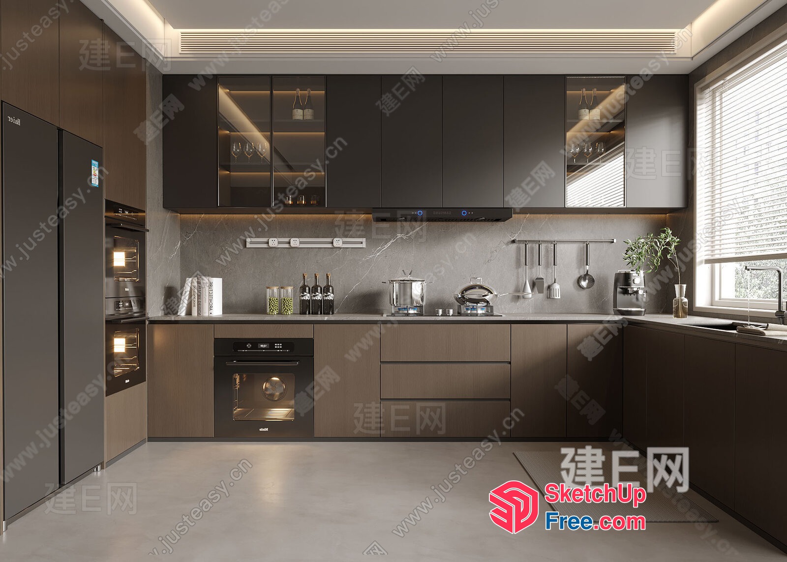 Modern Kitchen With Sleek Black And Brown Cabinets 3D SketchUp File