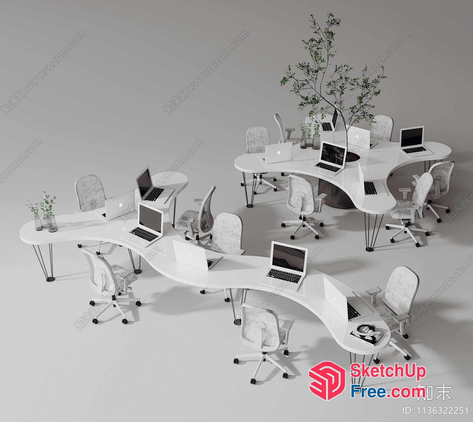 Modern White Office Space With Curved Desks And Laptops 3D SketchUp File