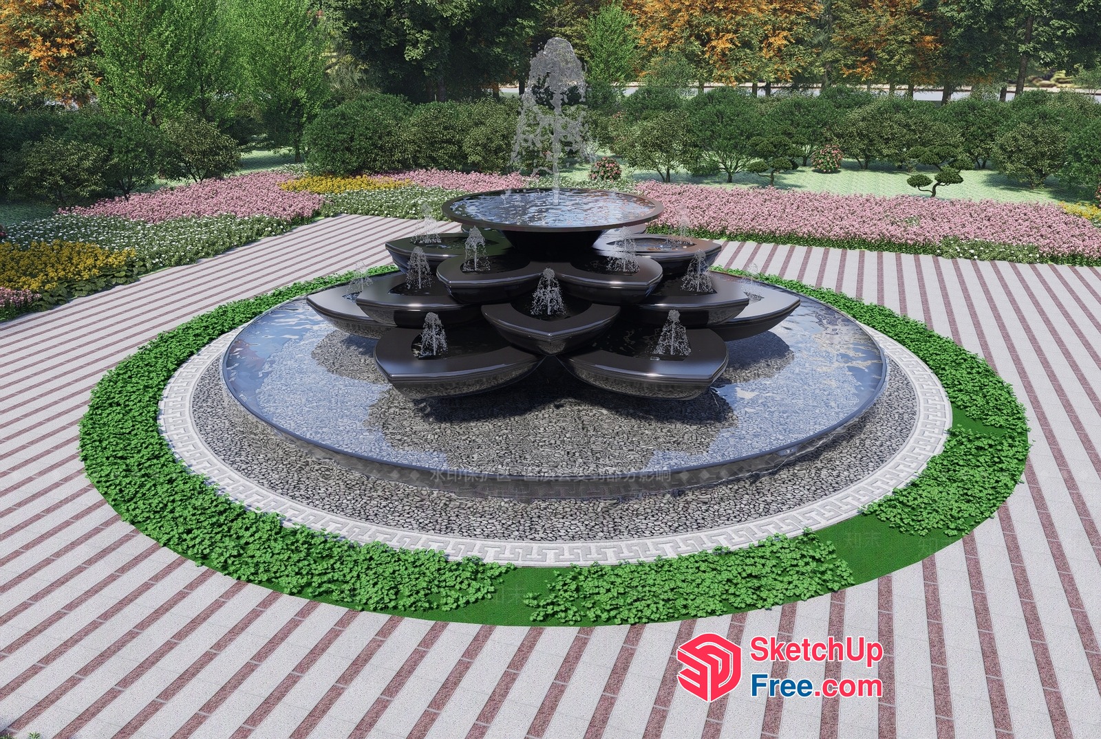 Elegant Black Tiered Fountain With Water Jets 3D SketchUp File