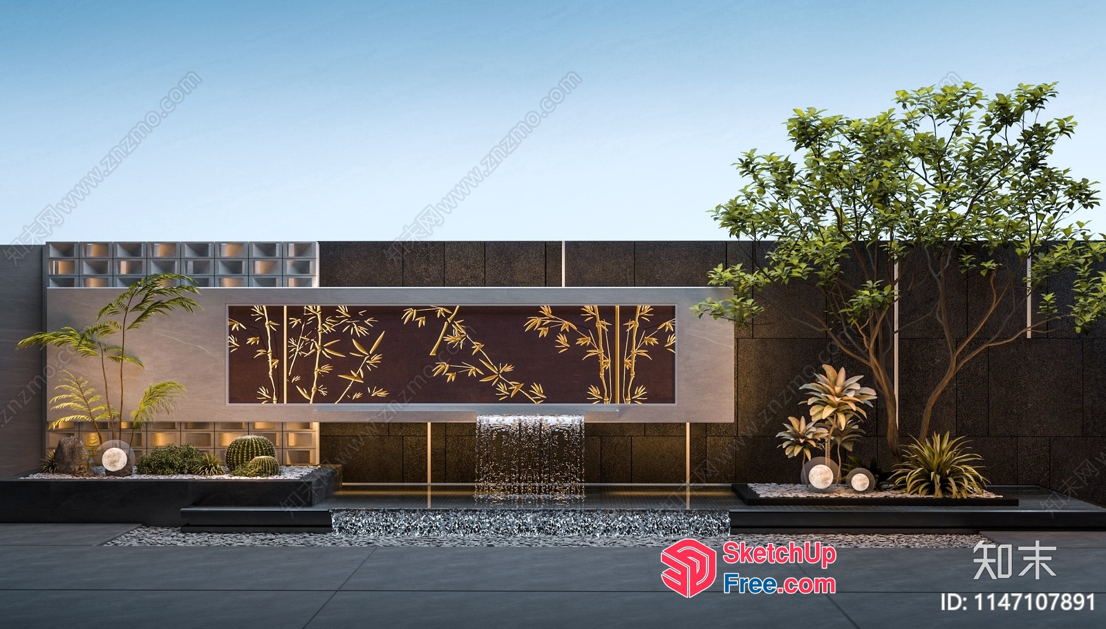 Elegant Modern Waterfall Feature With Bamboo Decor 3D SketchUp File