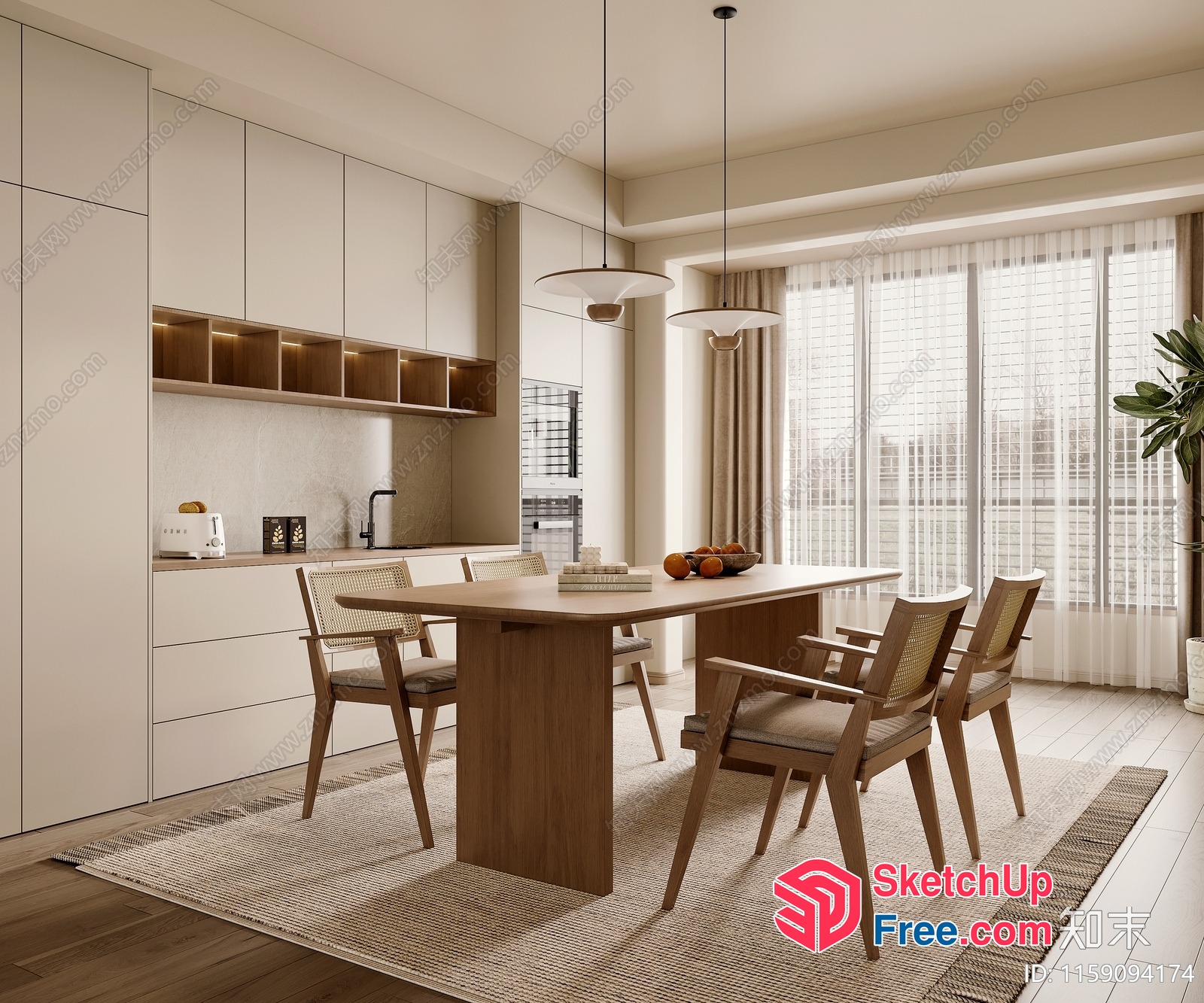 Modern Minimalist Dining Room With Wooden Table And Chairs 3D SketchUp File