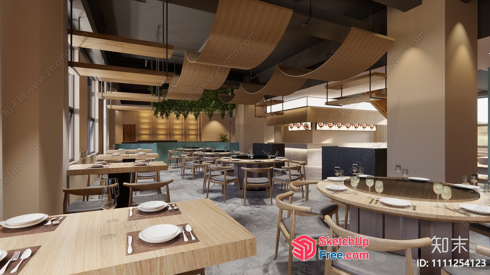 Modern Restaurant Interior With Wooden Tables And Chairs 3D SketchUp File