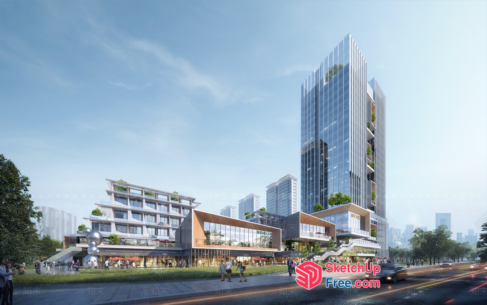 Modern Urban Commercial Street With Glass Curtain Wall 3D SketchUp File