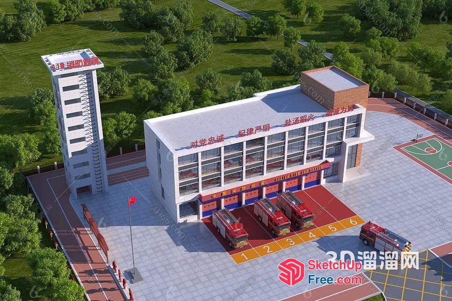 Fire Station Exterior With Red And White Building 3D SketchUp File