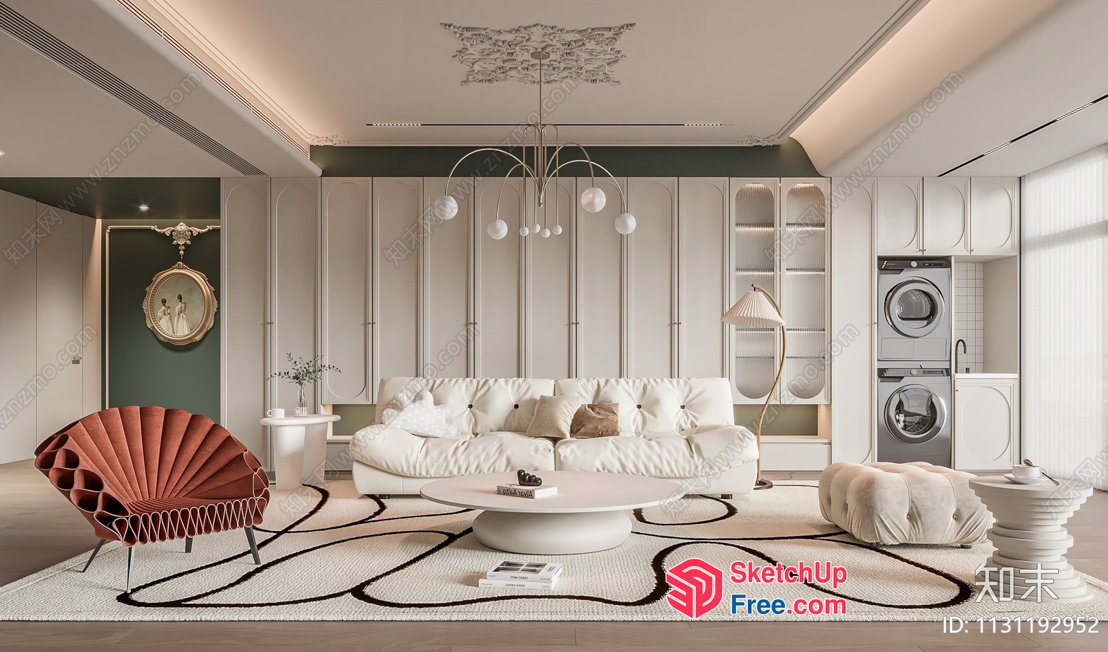 Modern And Elegant Living Room With White And Creamy Decor 3D SketchUp File