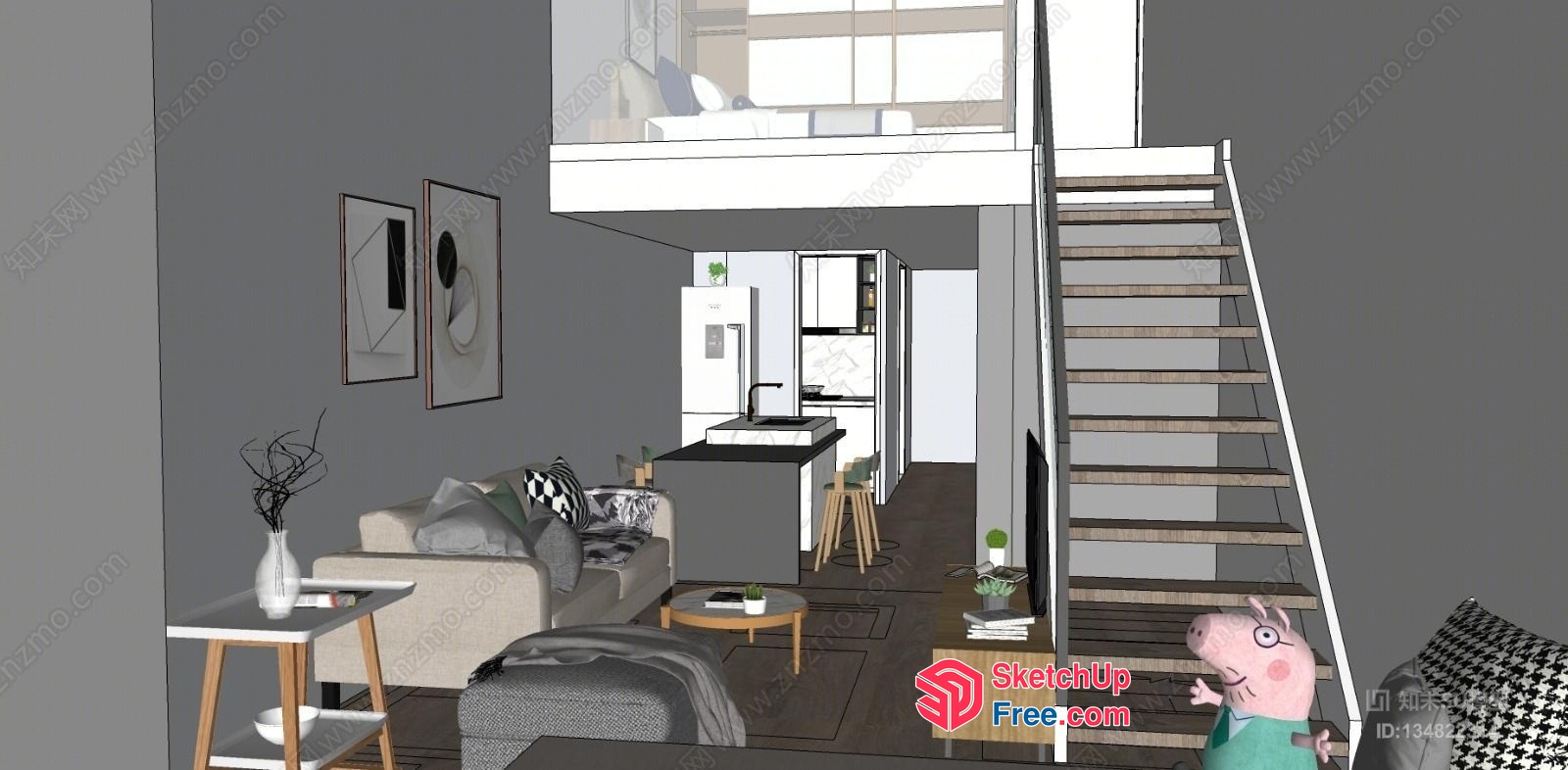 Minimalist Style Living Room With Staircase And Animal Character 3D SketchUp File
