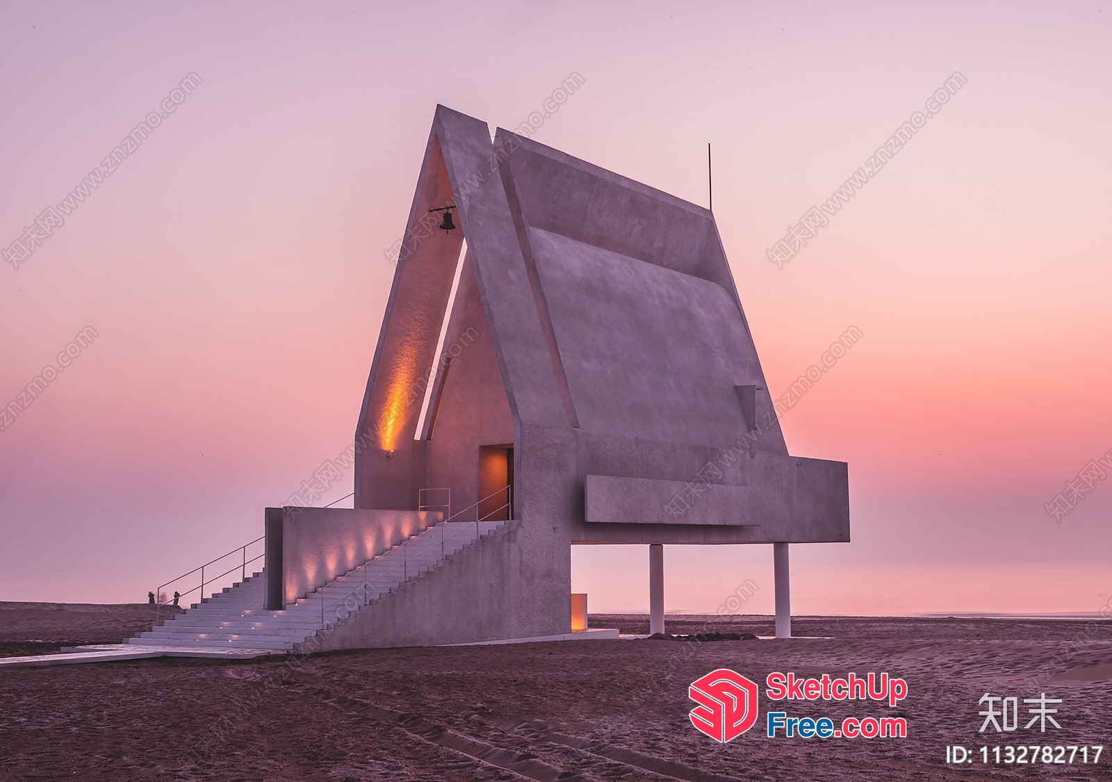 Modern Concrete A-Frame Building With Stairs And Railings 3D SketchUp File