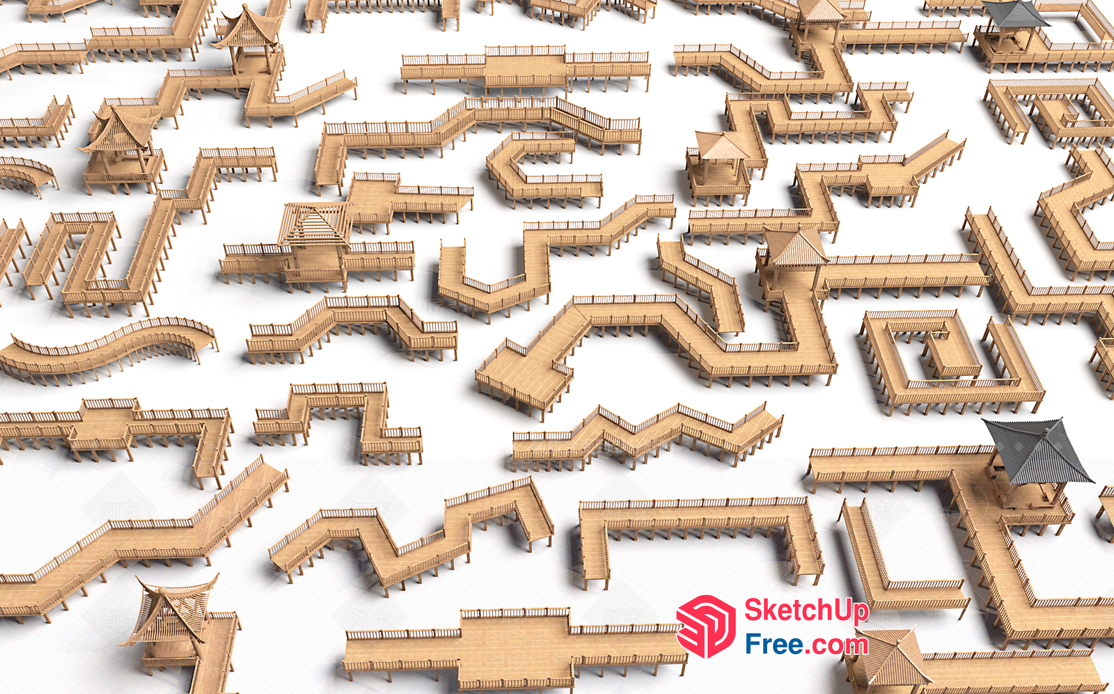 Intricate Wooden Walkway Network 3D SketchUp File