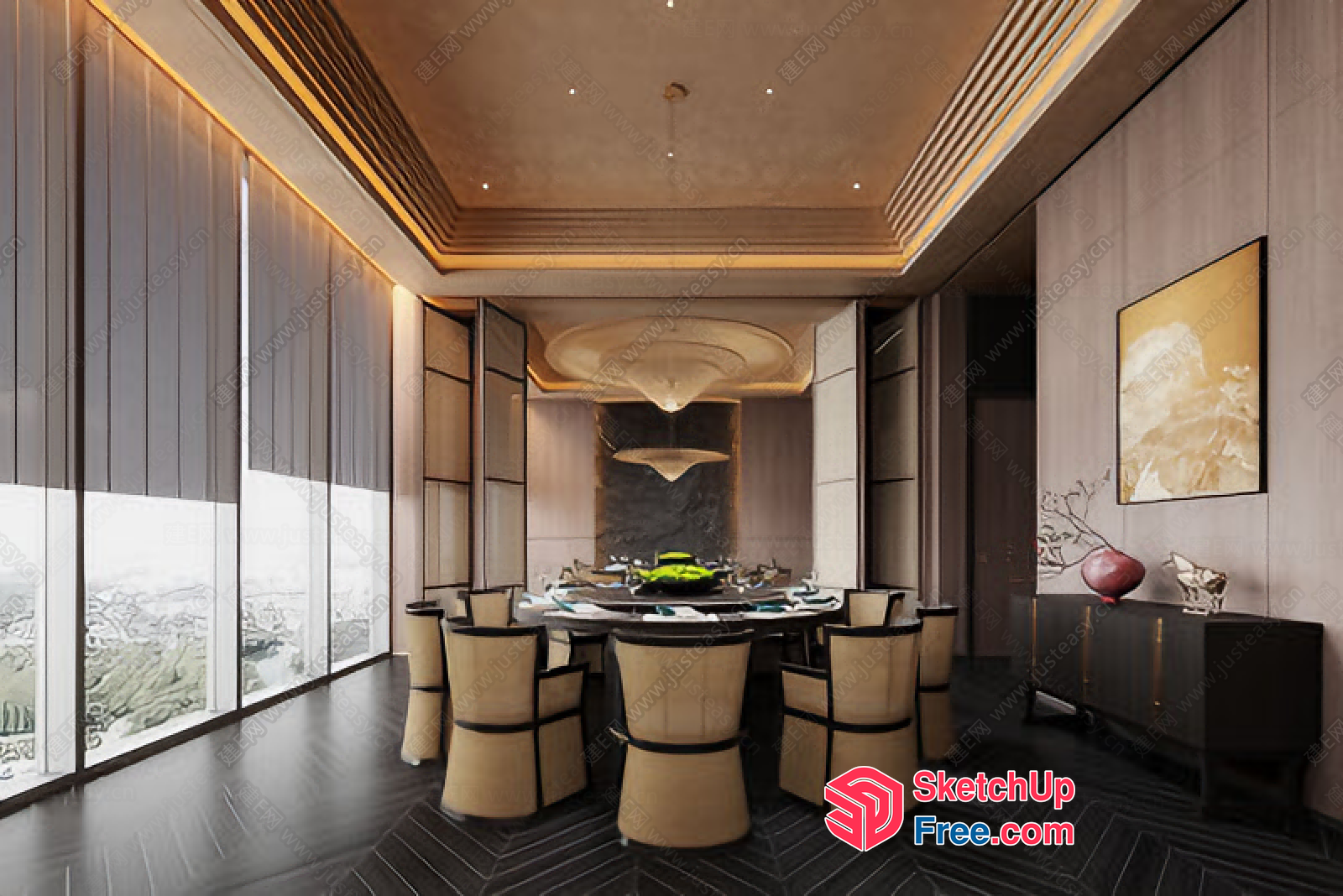 Modern Dining Room With Dark Wood Floors And Creamy Style Chairs 3D SketchUp File