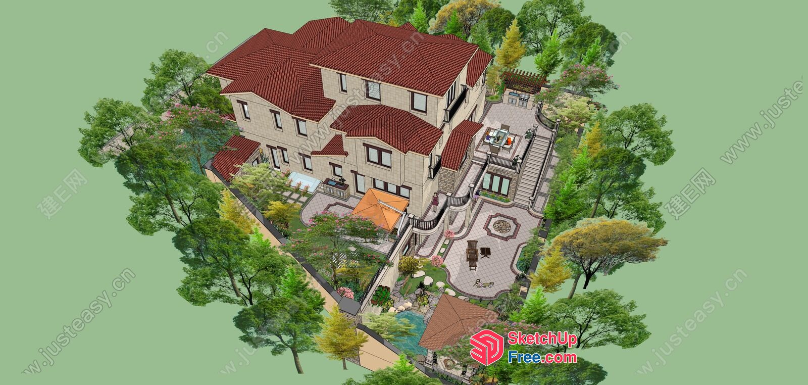 Aerial View Of A Villa With A Lush Garden And A Swimming Pool 3D SketchUp File