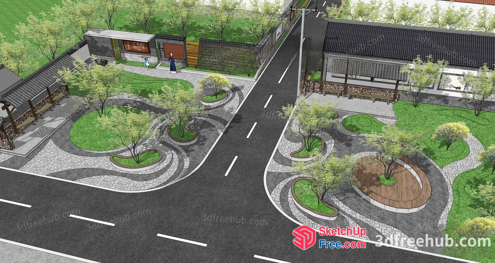 3D Rendering Of A Commercial Street With A Park 3D SketchUp File