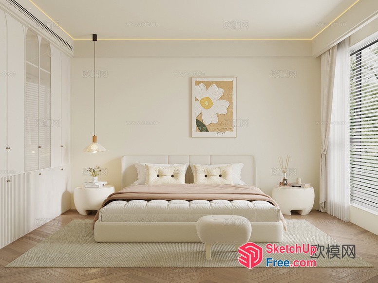 Minimalist Creamy Style White Bed Room 3D SketchUp File