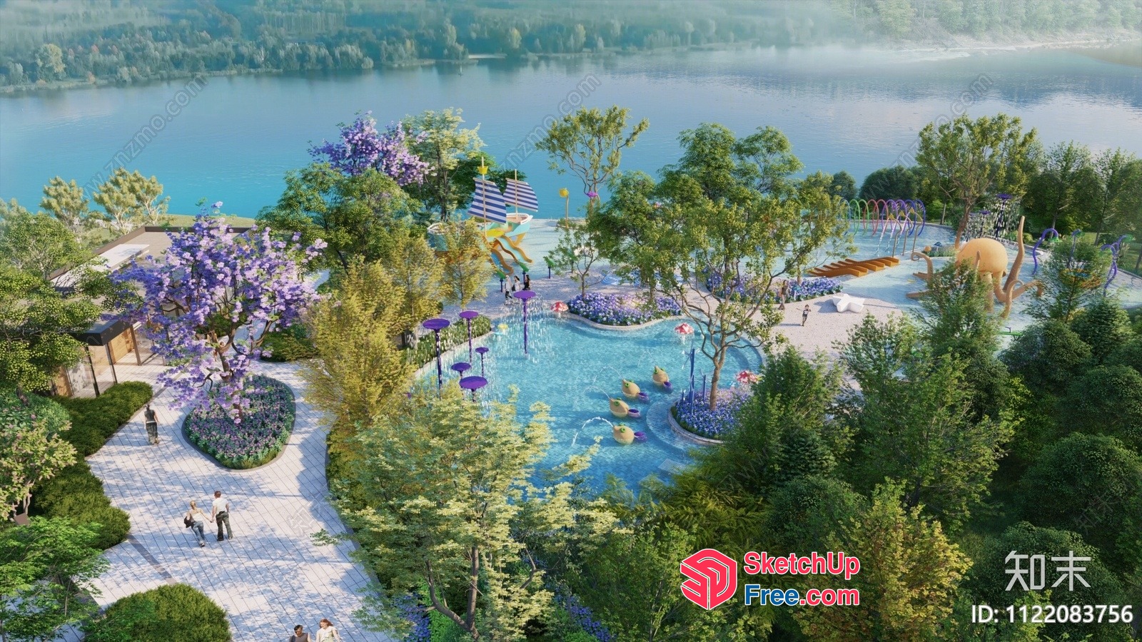 Serene Waterfront Oasis With Lush Greenery And Vibrant Play Areas 3D SketchUp File