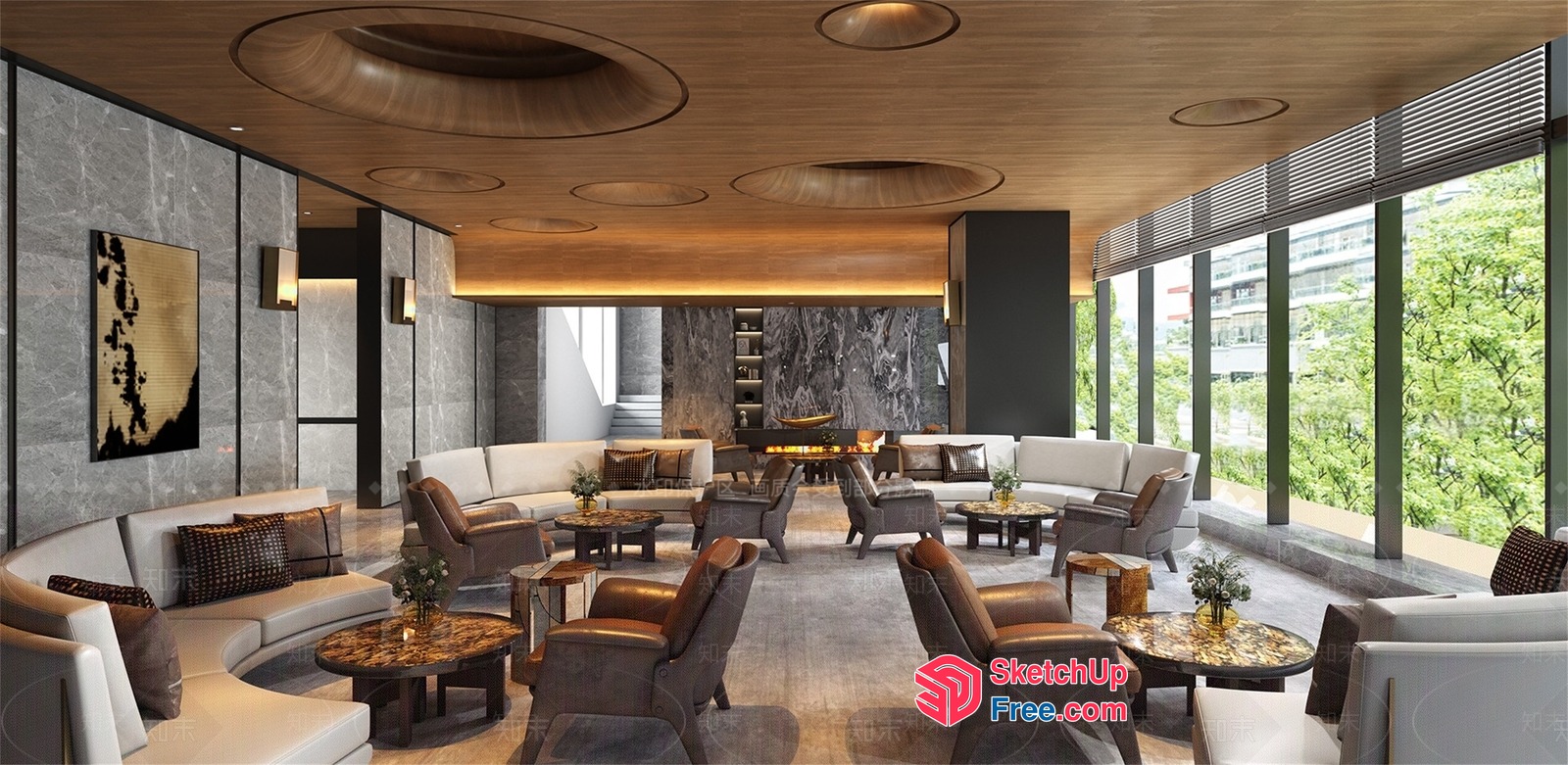 Modern Living Room With Large Windows And Marble Walls 3D SketchUp File
