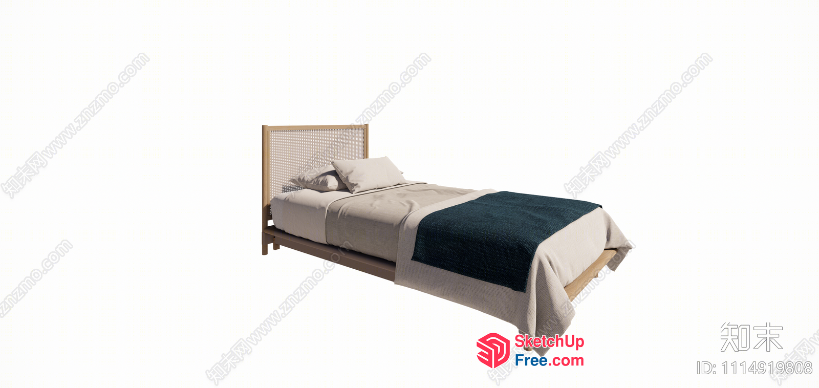 Minimalist Style Bed With Rattan Headboard And Pillows 3D SketchUp File