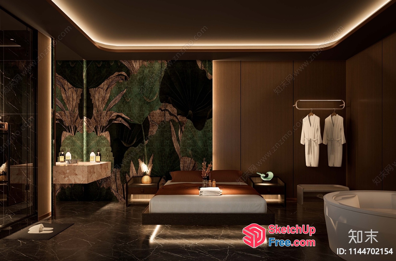 Modern Tropical Bedroom With Sleek Furniture And Dark Tones 3D SketchUp File