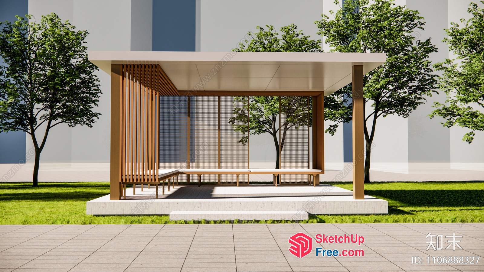 Modern Outdoor Pavilion With Sleek Roof And Bench Seating 3D SketchUp File